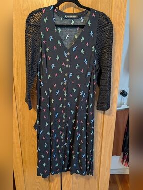 Black Cactus-Print Button-Front Long Sleeve Dress